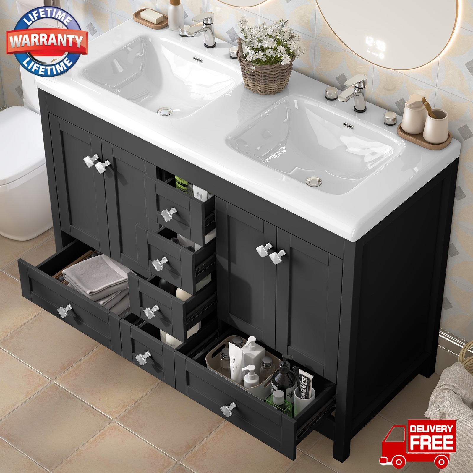 47″ 2 Doors Bathroom Vanity Cabinet w/ Double Ceramic Sinks & 5 Drawers Black