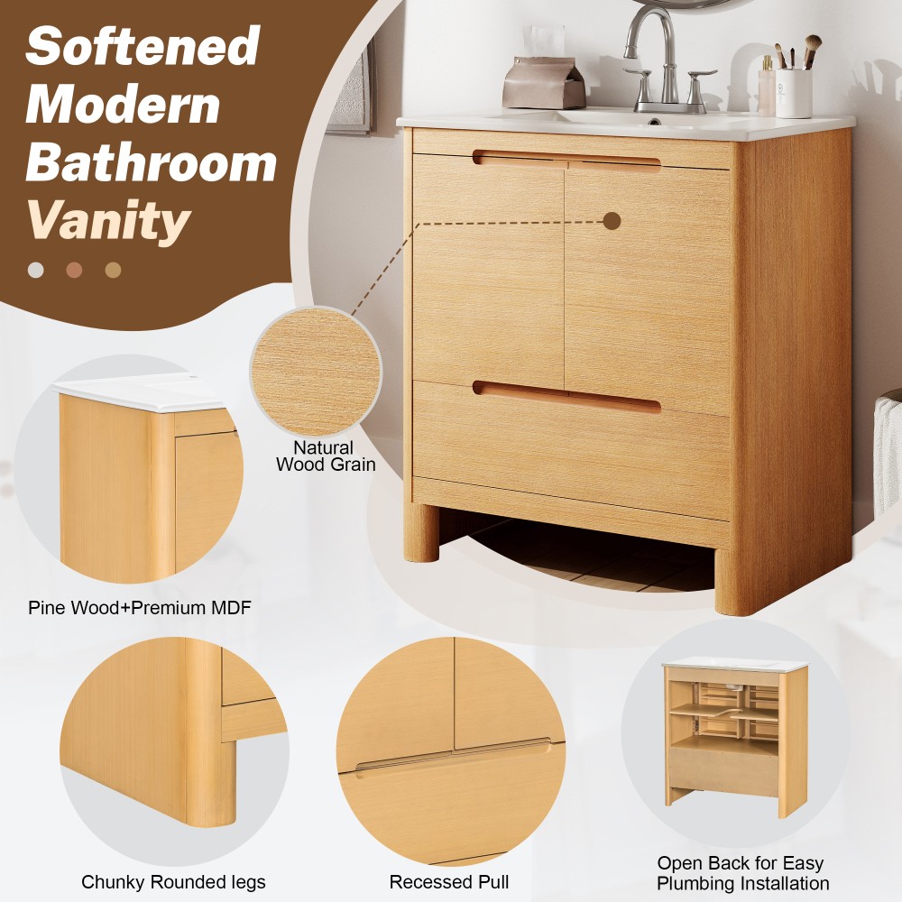 30″ Softened Modern Bathroom Vanity with Ceramic Sink, Natural Wood Grain