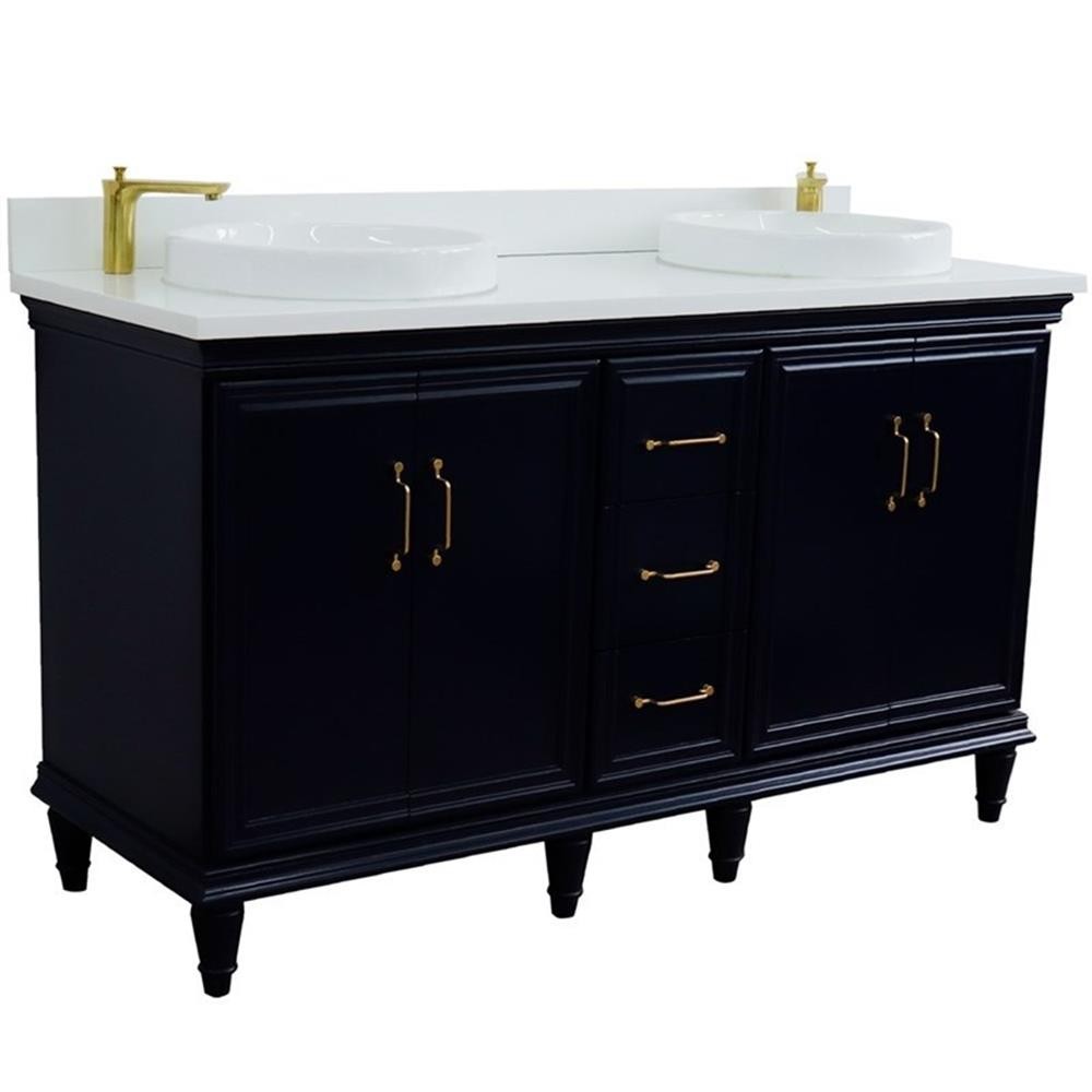 61 in. Double Wooden Vanity Blue White Quartz Round Sink
