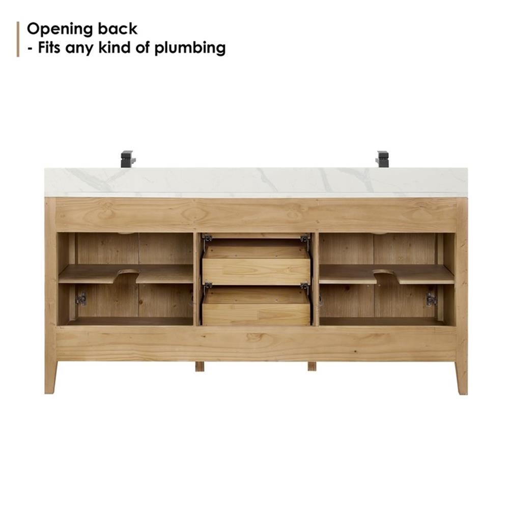 Laurel 72″ Wood Vanity in Weathered Fir Calacatta White Quartz Top no Mirror