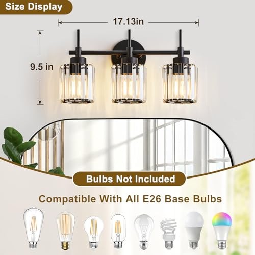 3 Light Black Crystal Vanity Light, Modern Bathroom Vanity Light Over Mirror, Up