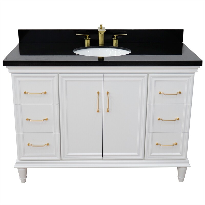 49 in. Single Wooden Vanity White with Black Galaxy Granite Oval Sink
