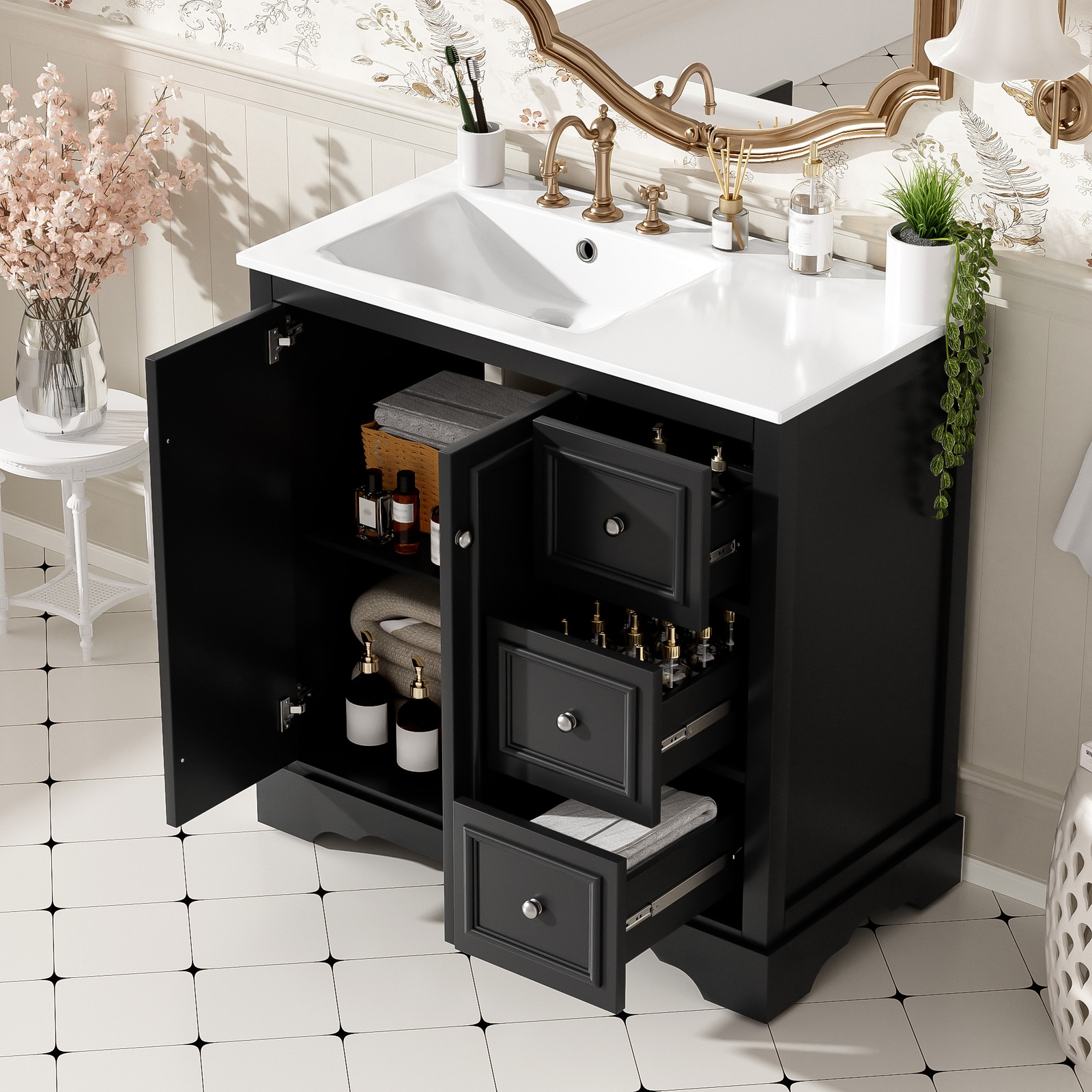 36″ Bathroom Vanity Cabinet Storage with Sink Combo w/2 Door & 3 Drawers Black