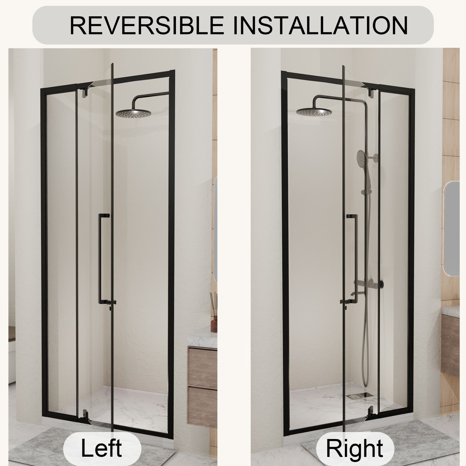 Semi-Frameless Pivot Hinged Shower Door 44-48″W x 72″H Matte Black