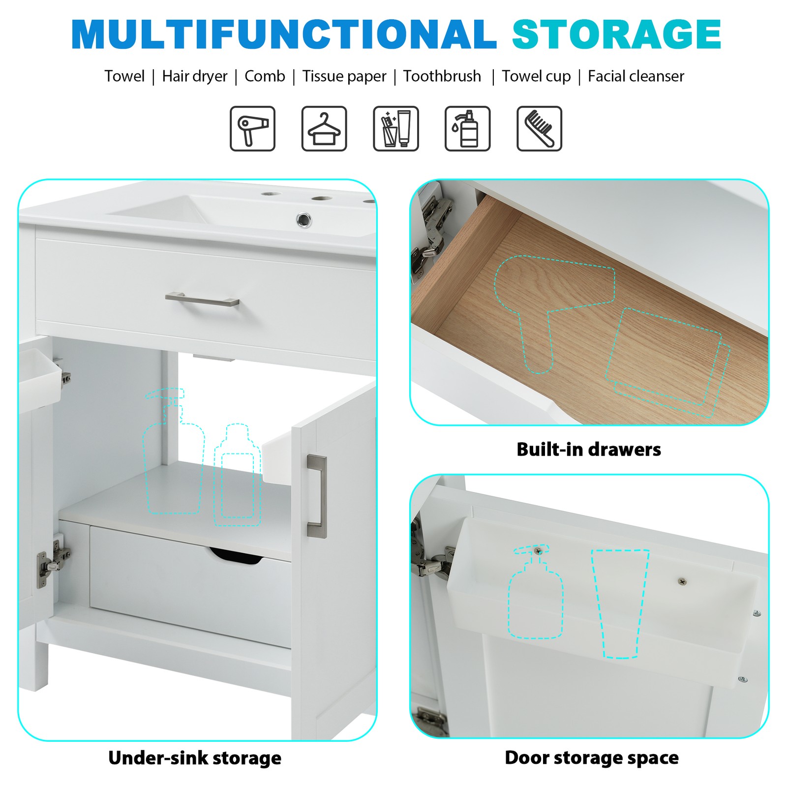 30-Inch Bathroom Vanity with Ceramic Sink, White, Solid Wood MDF