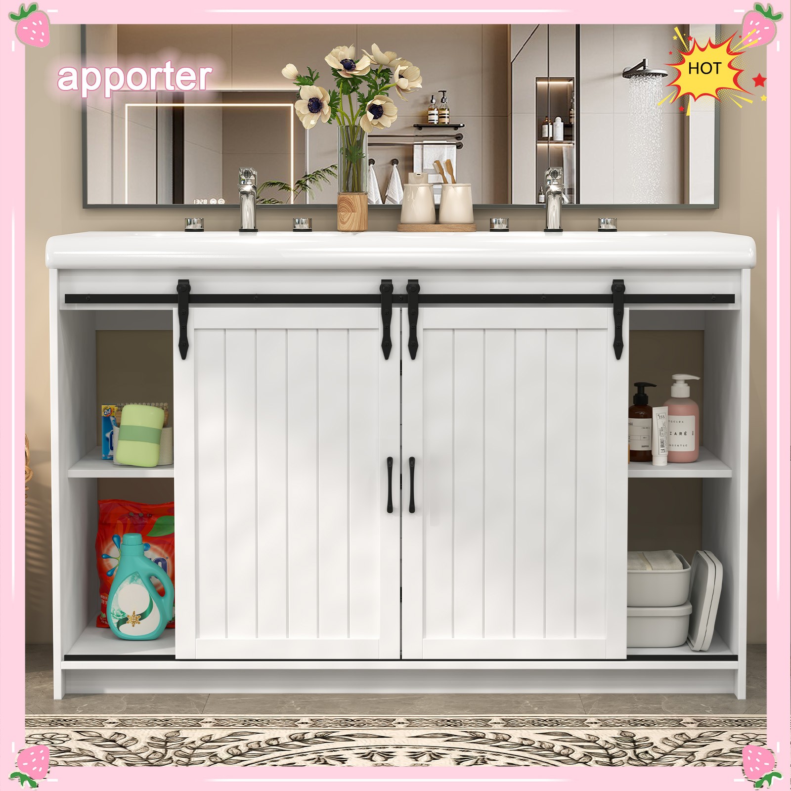 47.3″ Bathroom Double Sink Vanity Cabinet Ceramic Vessel Double Sink Cabinet US