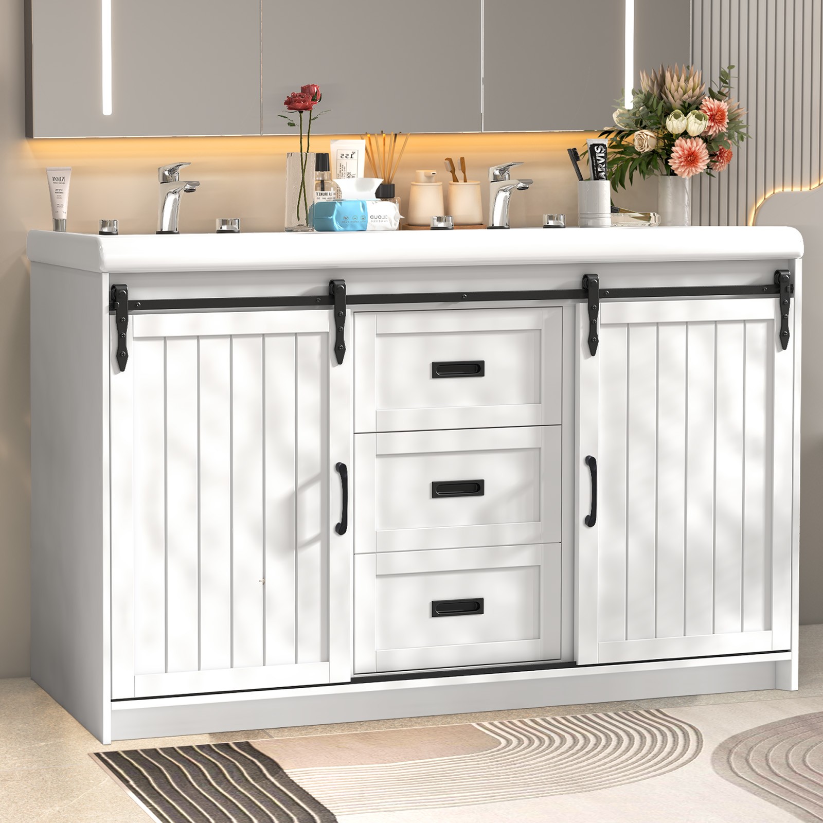 47″ Bathroom Double Sink Vanity Cabinet Ceramic Vessel Double Sink Cabinet White