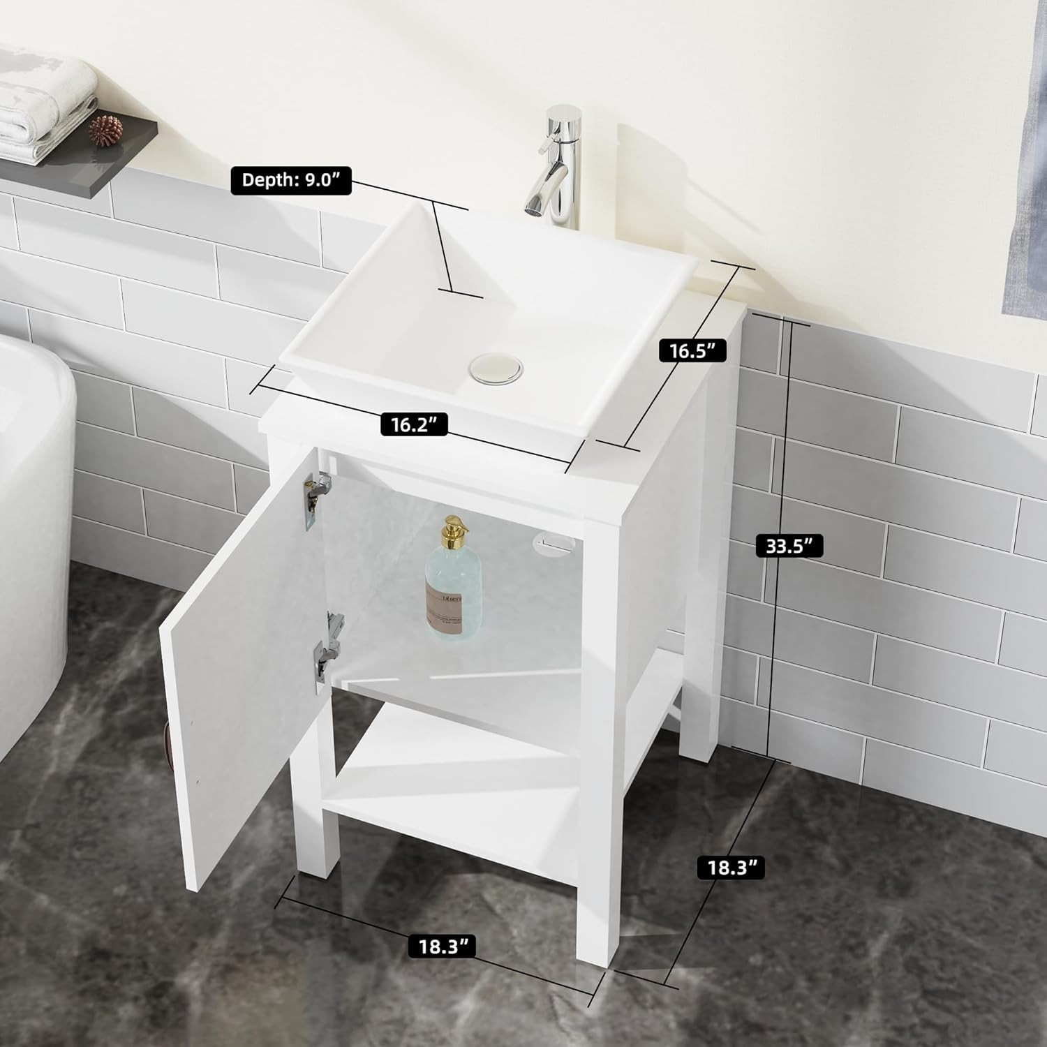 18″ Washbasin Bathroom Vanity Vessel Sink Cabinet with Faucet Modern White