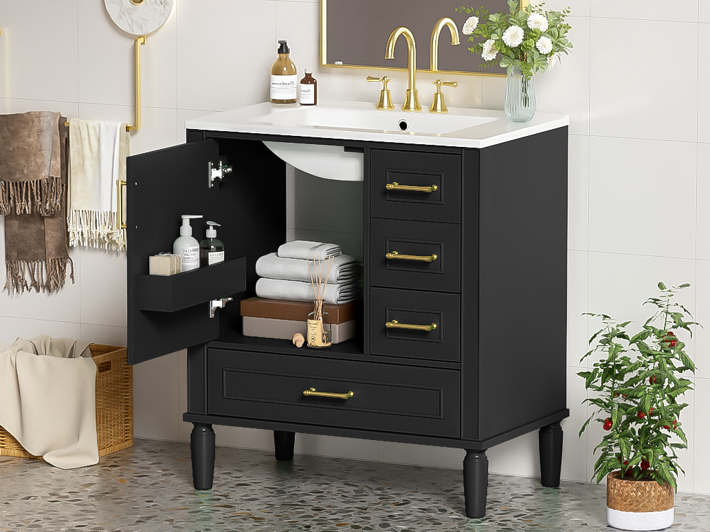 30″ Black Bathroom Vanity Set with 3 Drawers & Gold Handles
