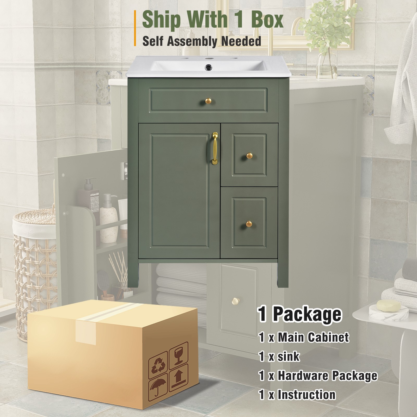 24-Inch Bathroom Vanity with Sink Modern Bathroom Cabinet with 2 Drawers 1 Door