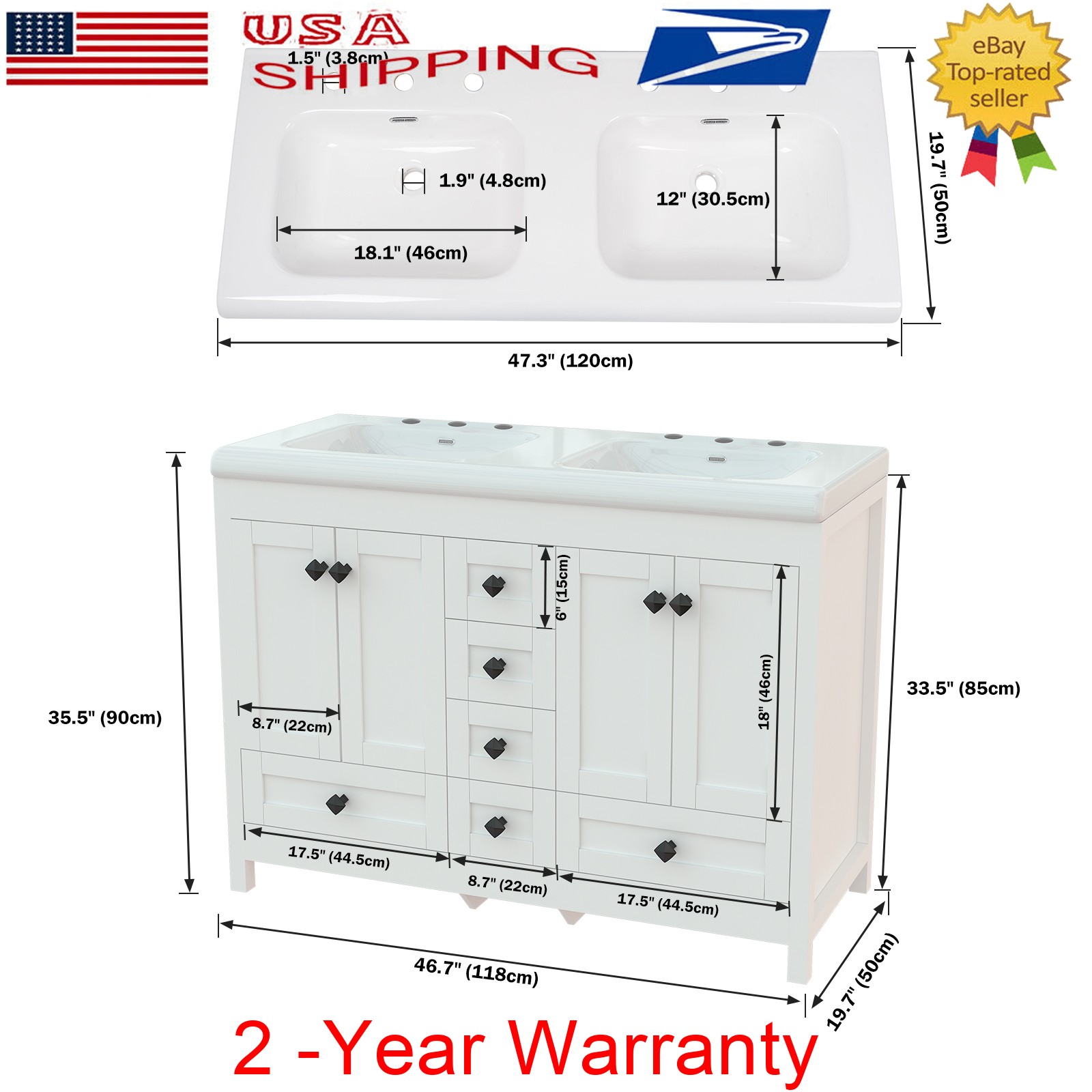 47″ Double Sink Large Bathroom Vanity Cabinet w/ 6 Storage Drawers Freestanding