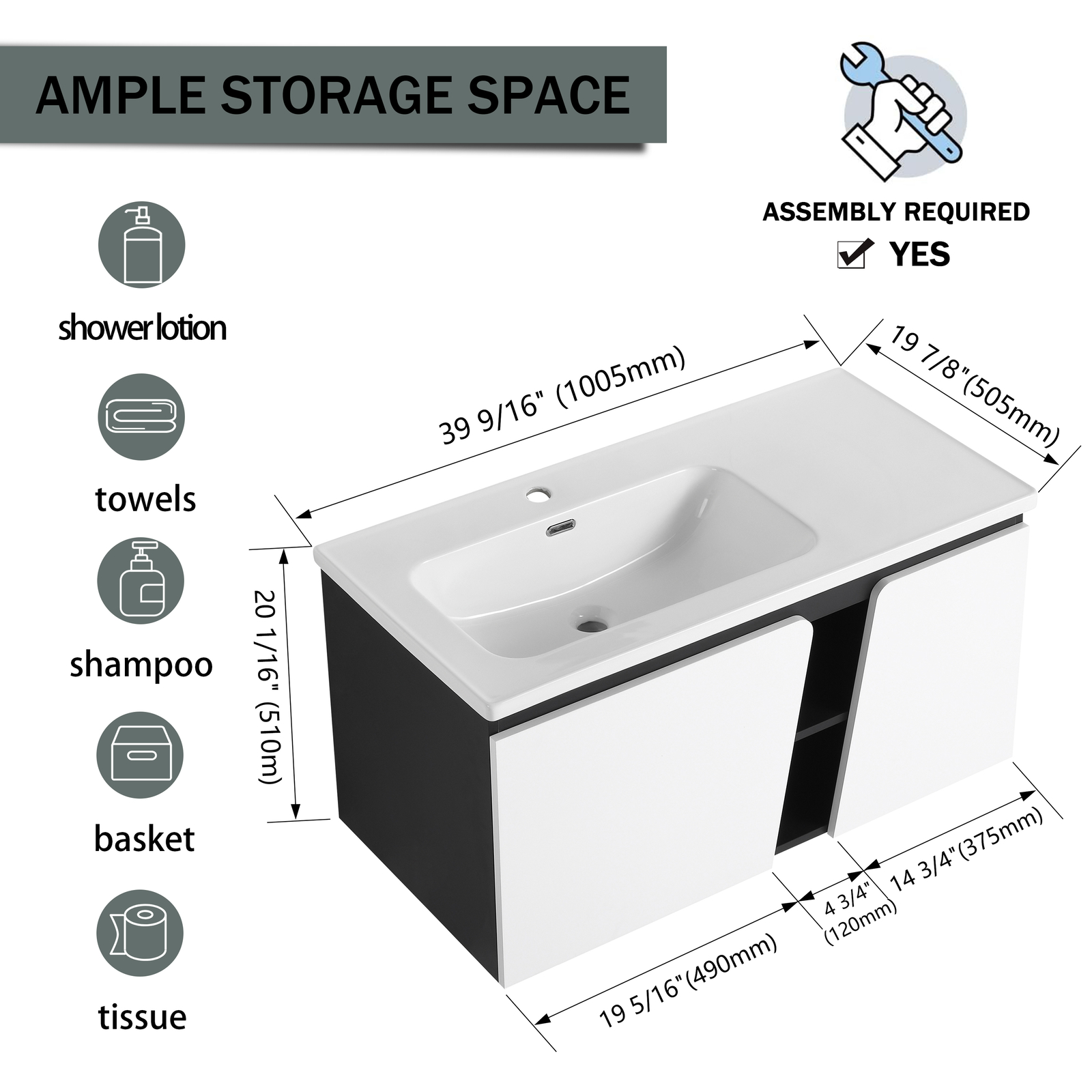40 Inch Bathroom Vanity Wall Mounted Cabinet W/ Undermount Ceramic Sink White US