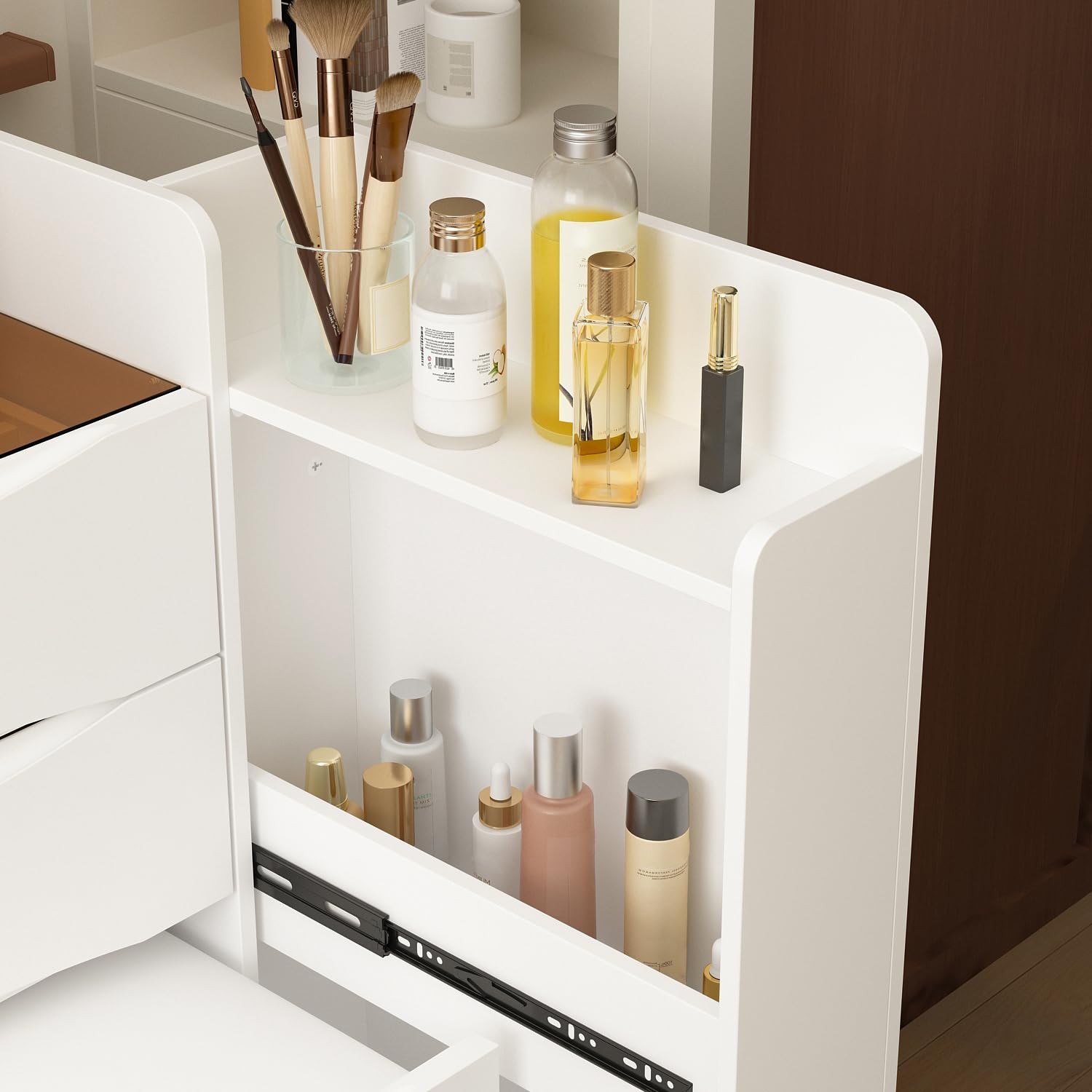 White Vanity Set with LED Mirror 3-Tier Shelf Stool Drawers Organizer Glass Top