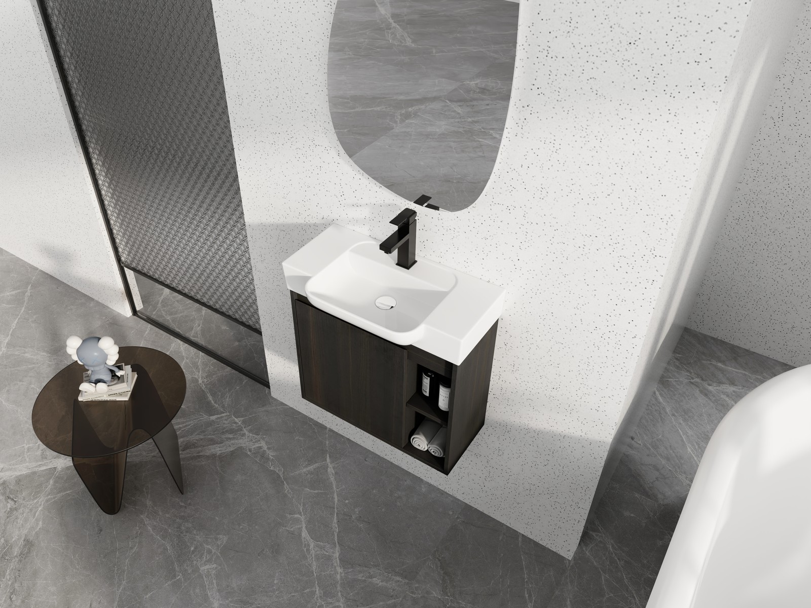 24″ Plywood Wall-Mounted Bathroom Vanity Cabinet W/ White Ceramic Sink Dark Oak