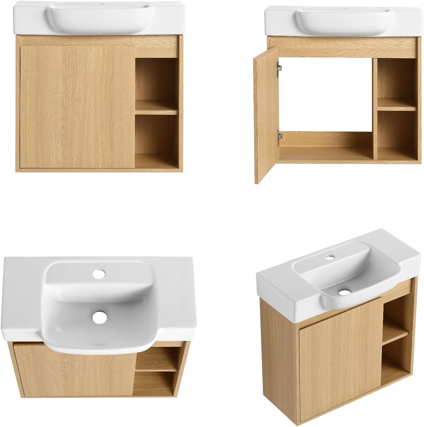 Modern 24″ Wall-Mounted Bathroom Vanity with Ceramic Sink & Open Shelves, Light