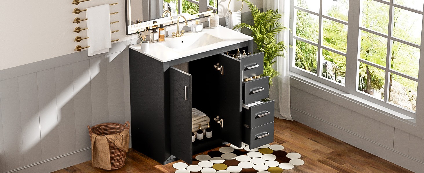 36″ Bathroom Vanity with Ceramic Sink, Solid Wood Frame, 3 Drawers, Black