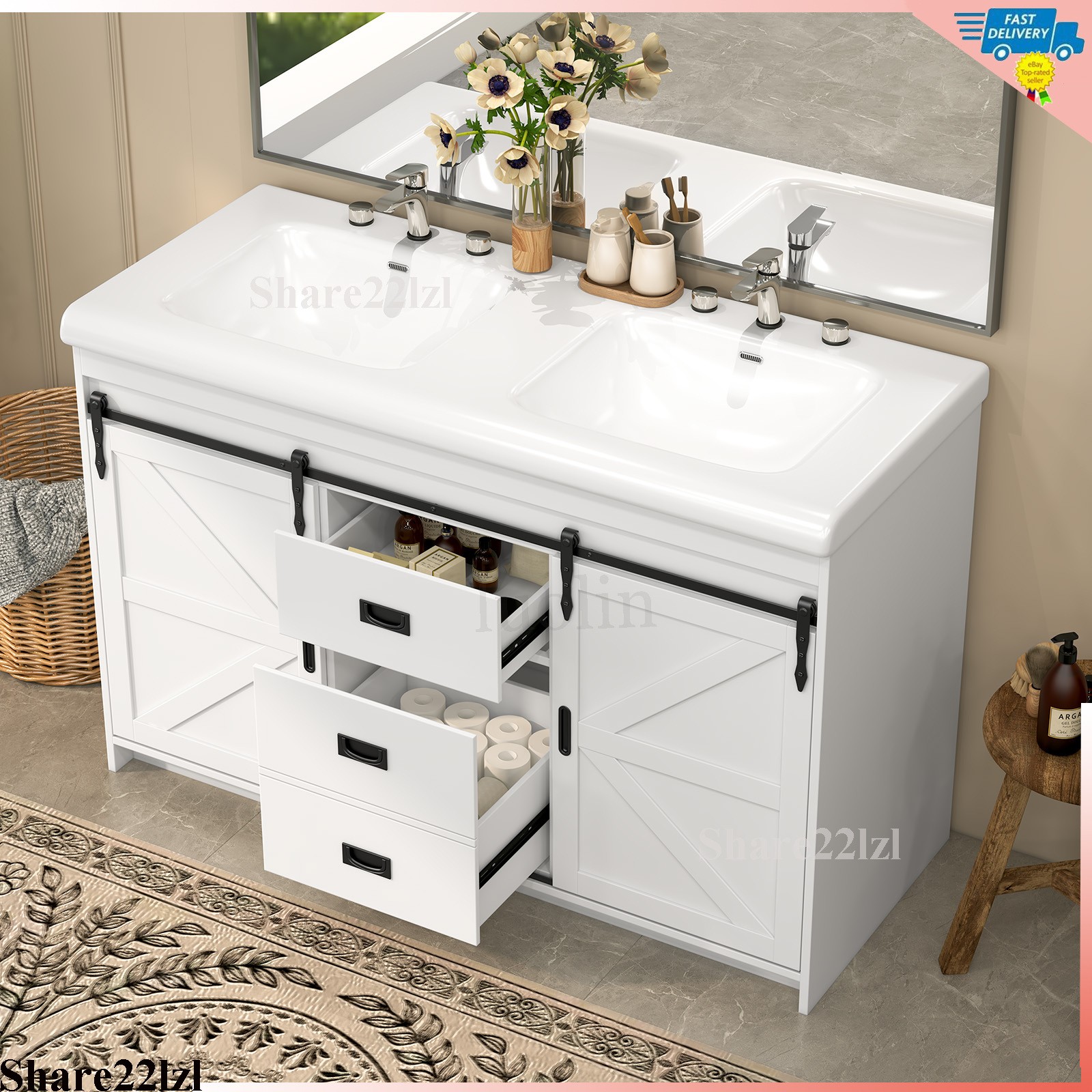 47inch Bathroom Vanity with Ceramic Sink,Bathroom Cabinet w/2 Soft Close Doors