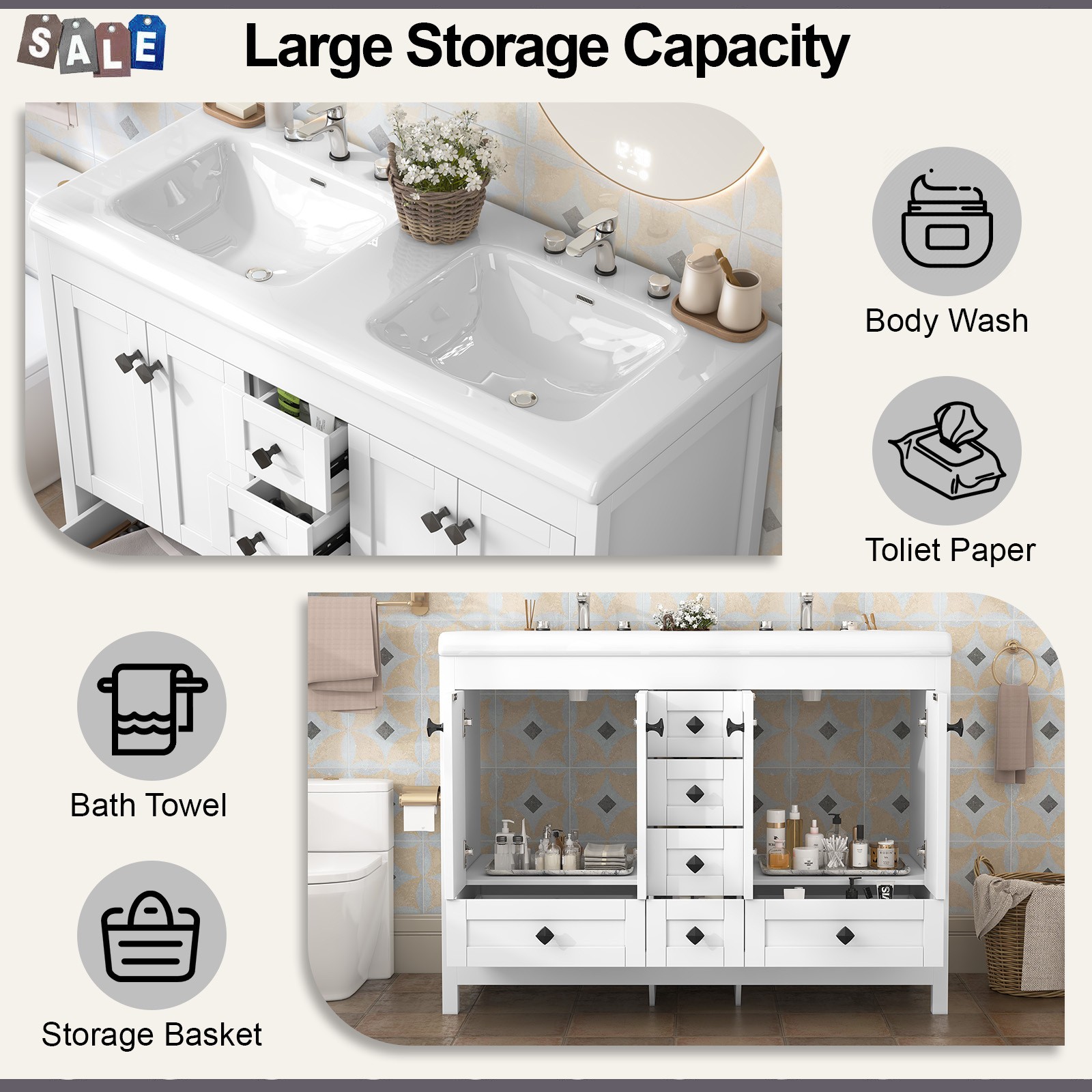 White Classic Bathroom Vanity Double Ceramic Sinks Freestanding With 5 Drawers