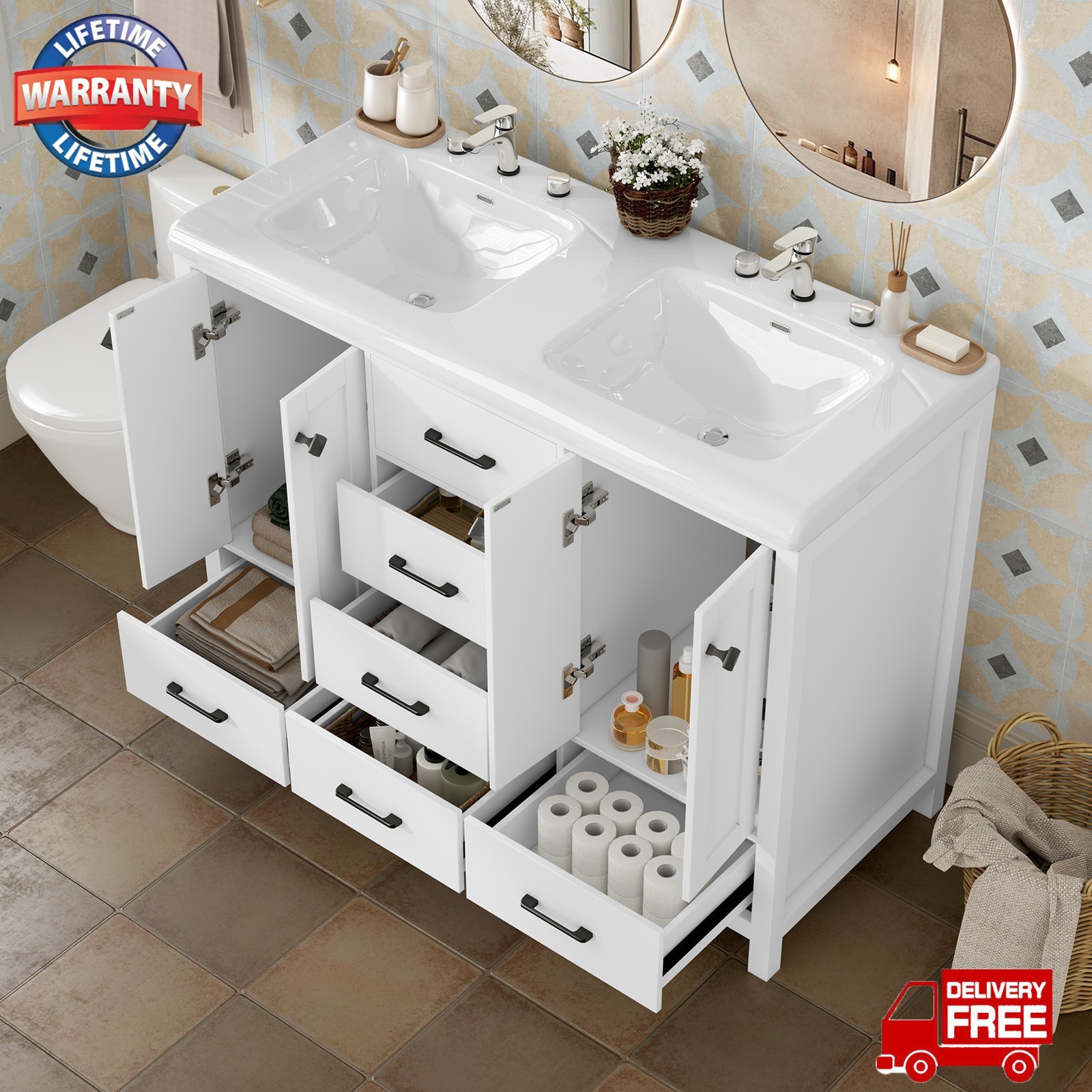 47″ Bathroom Vanity with Double Ceramic Sink and Cabinet Freestanding +Drawers