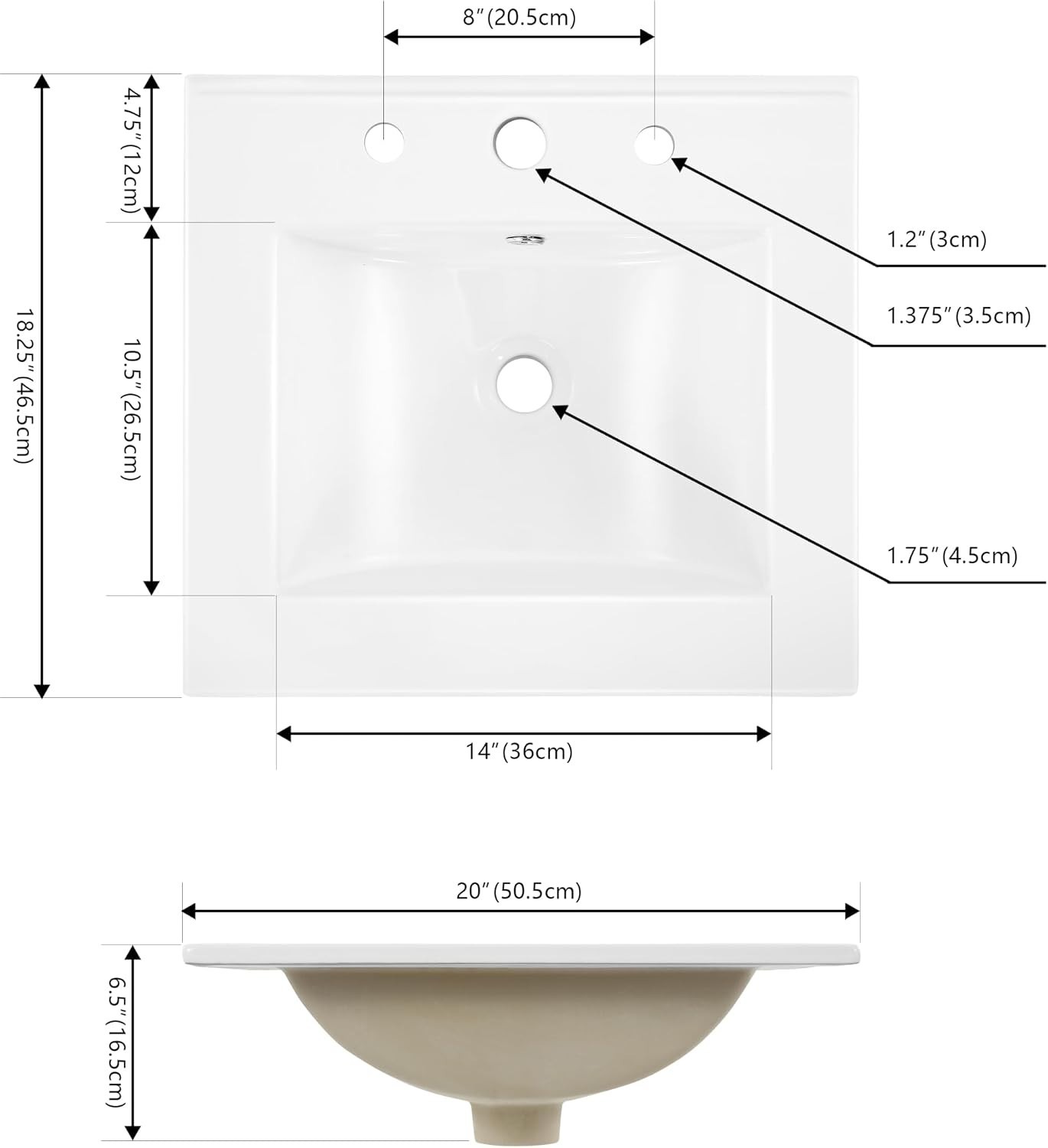 Contemporary 20″ White Ceramic Sink Top with Overflow Drain – Easy Install
