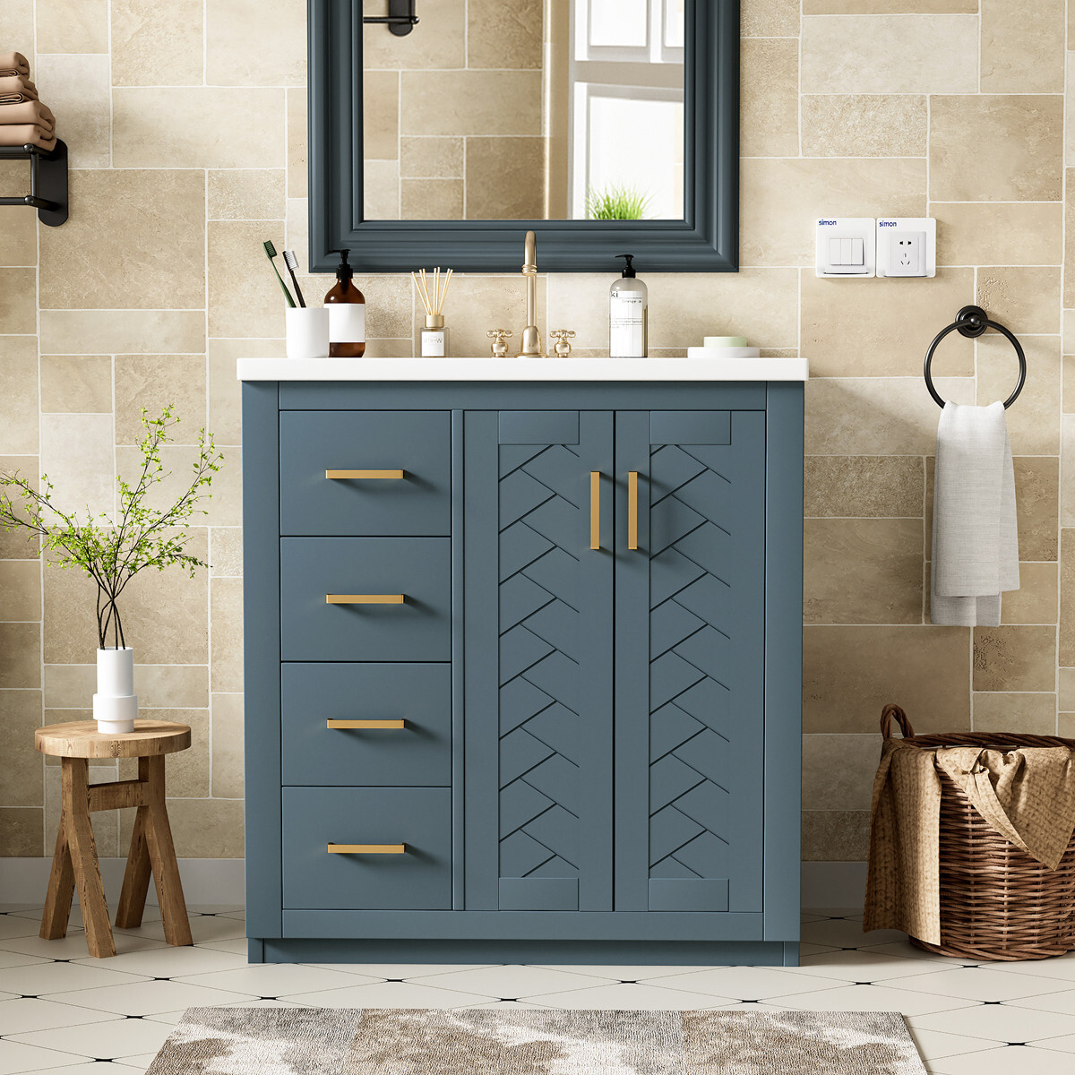 30″ Bathroom Vanity with Sink, Freestanding Vanity Cabinet, 2 Doors 3 Drawers