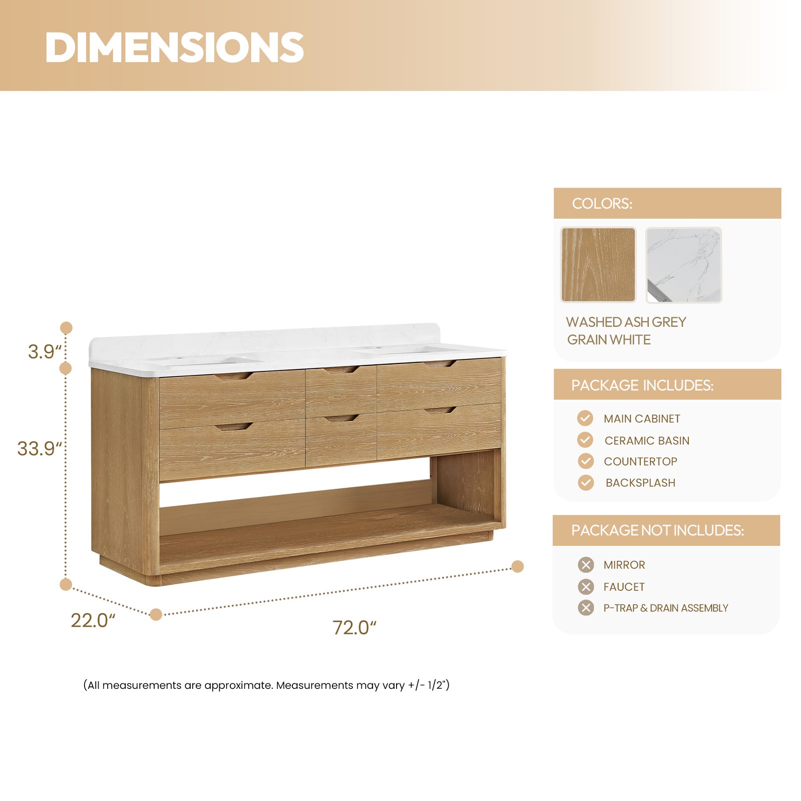 Harbin 72″ Double Bath Vanity in Washed Ash Grey with White Grain Stone Top