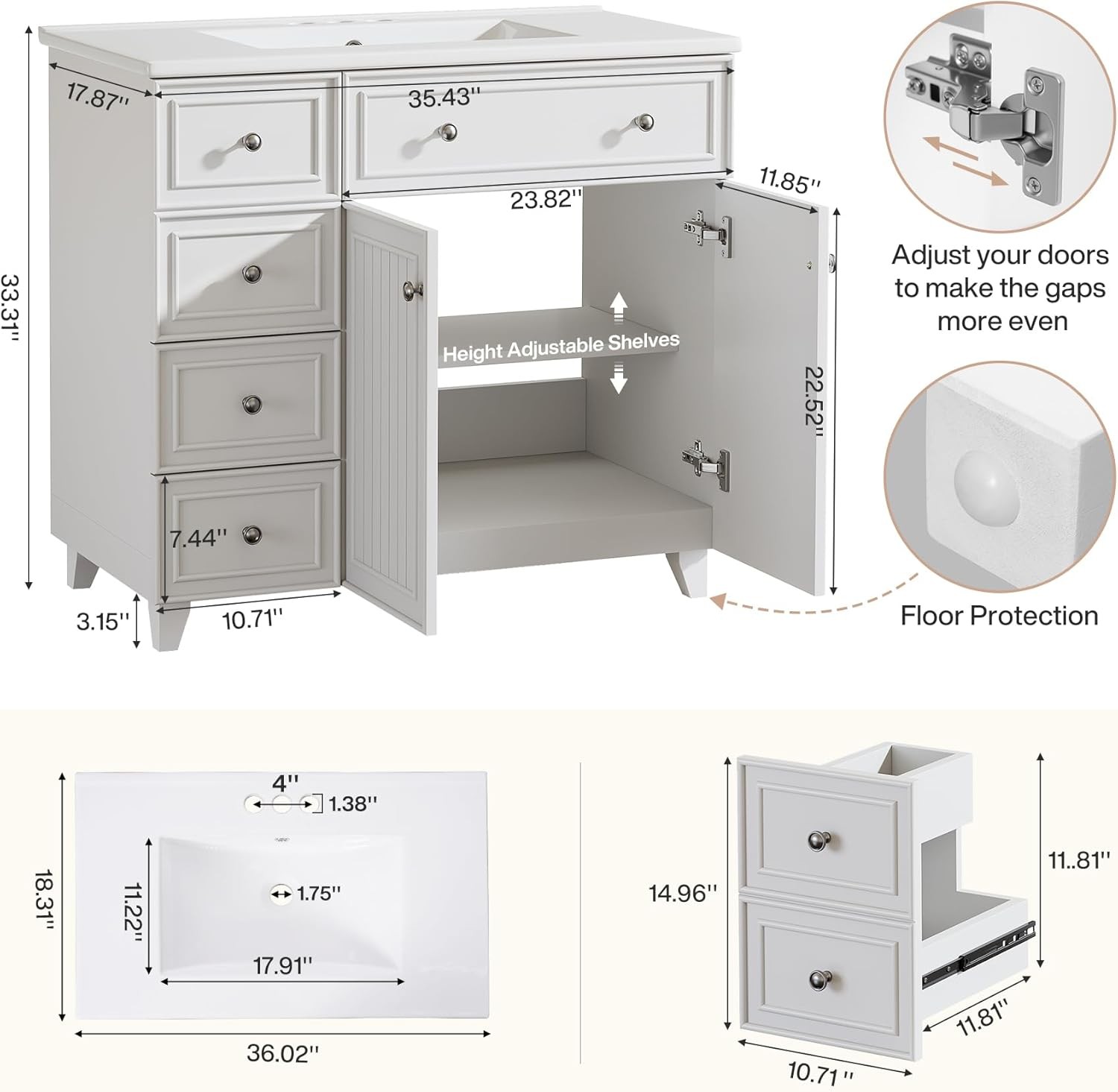 36″ Bathroom Vanity with Sink, Bathroom Sink Cabinet with 5 Drawers & 2 Doors