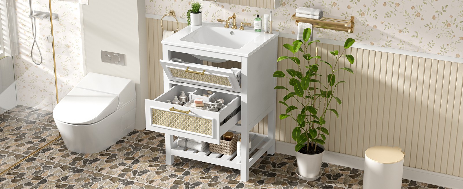 24″ White Bathroom Vanity with Ceramic Sink and 2 Drawers
