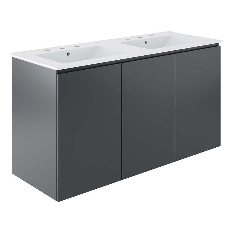 Modway Bryn 48″ Modern Wood/Ceramic Double Sink Bathroom Vanity in Gray/White