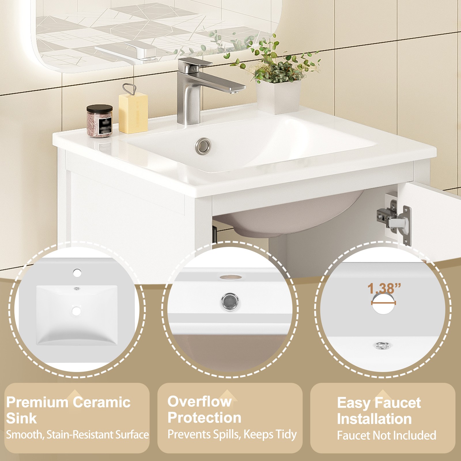 Modern Bathroom Vanity w/Ceramic Sink,Storage Cabinet w/Soft-Close Drawer & Door