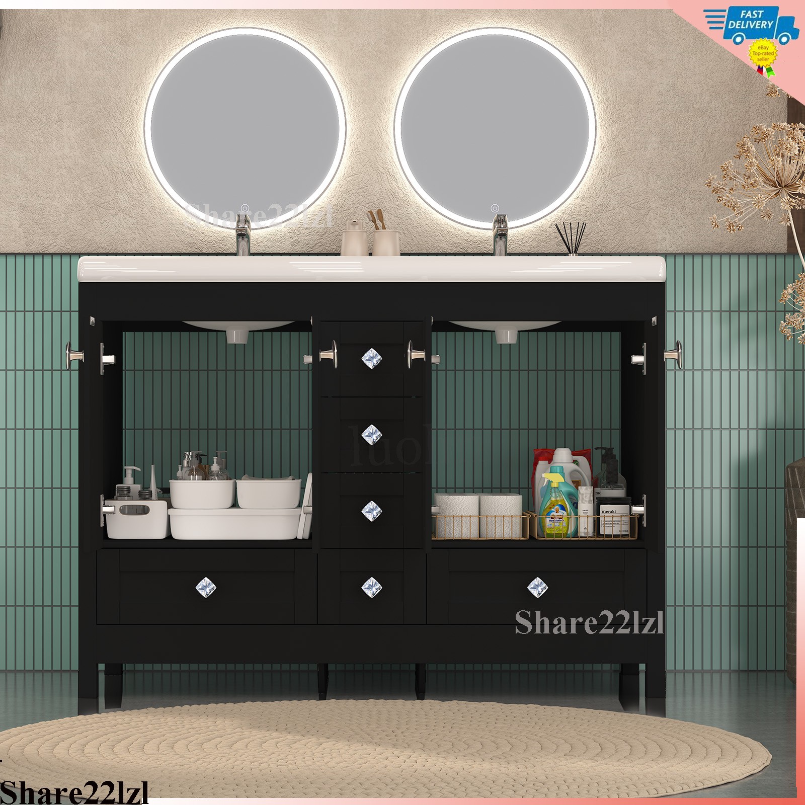 47″ Bathroom Vanity Set with Double Ceramic Sinks Freestanding Storage Cabinet