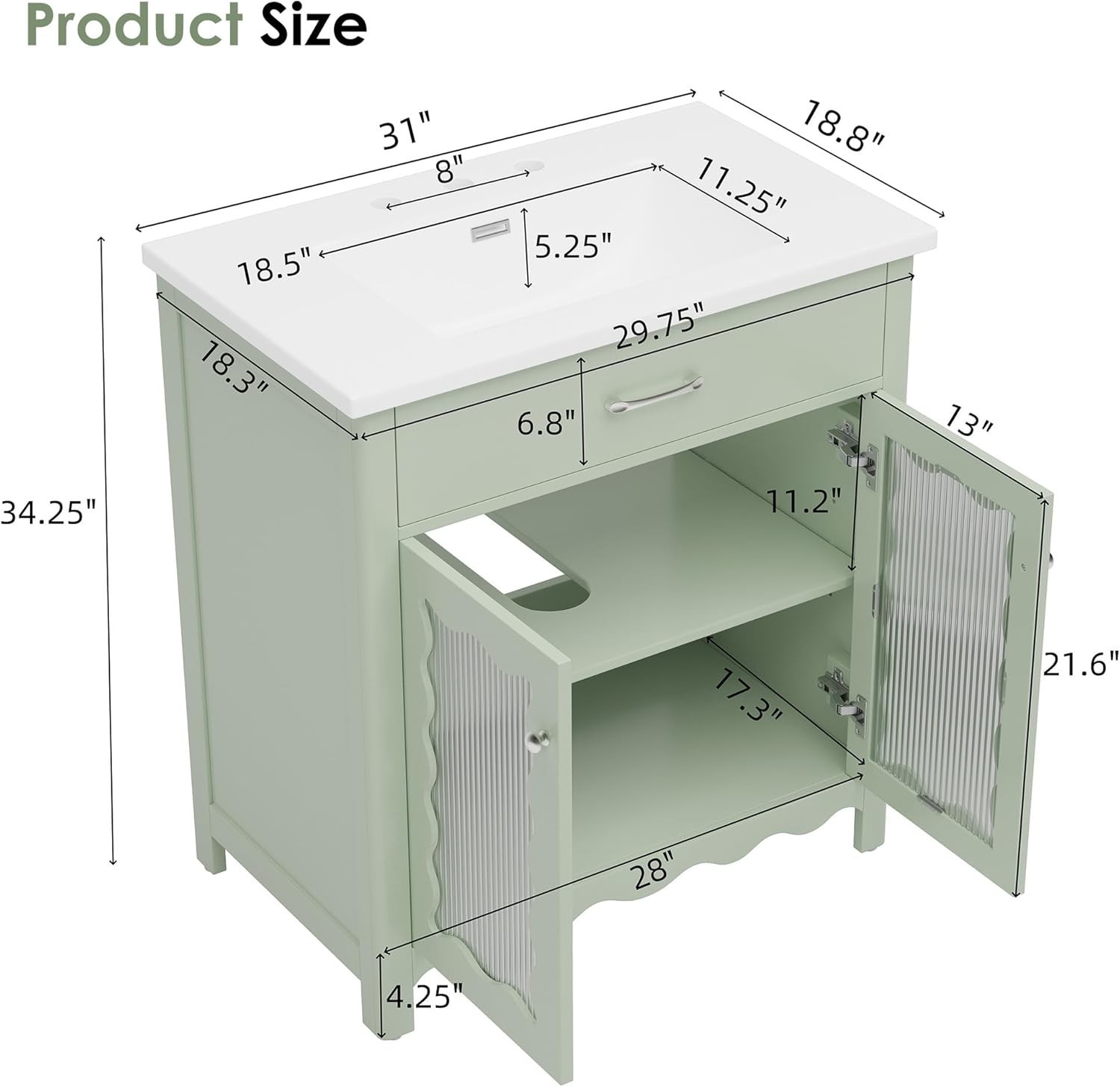 Practicality Bathroom Cabinet With Sink 31” Bathroom Vanity With Tempered Glass