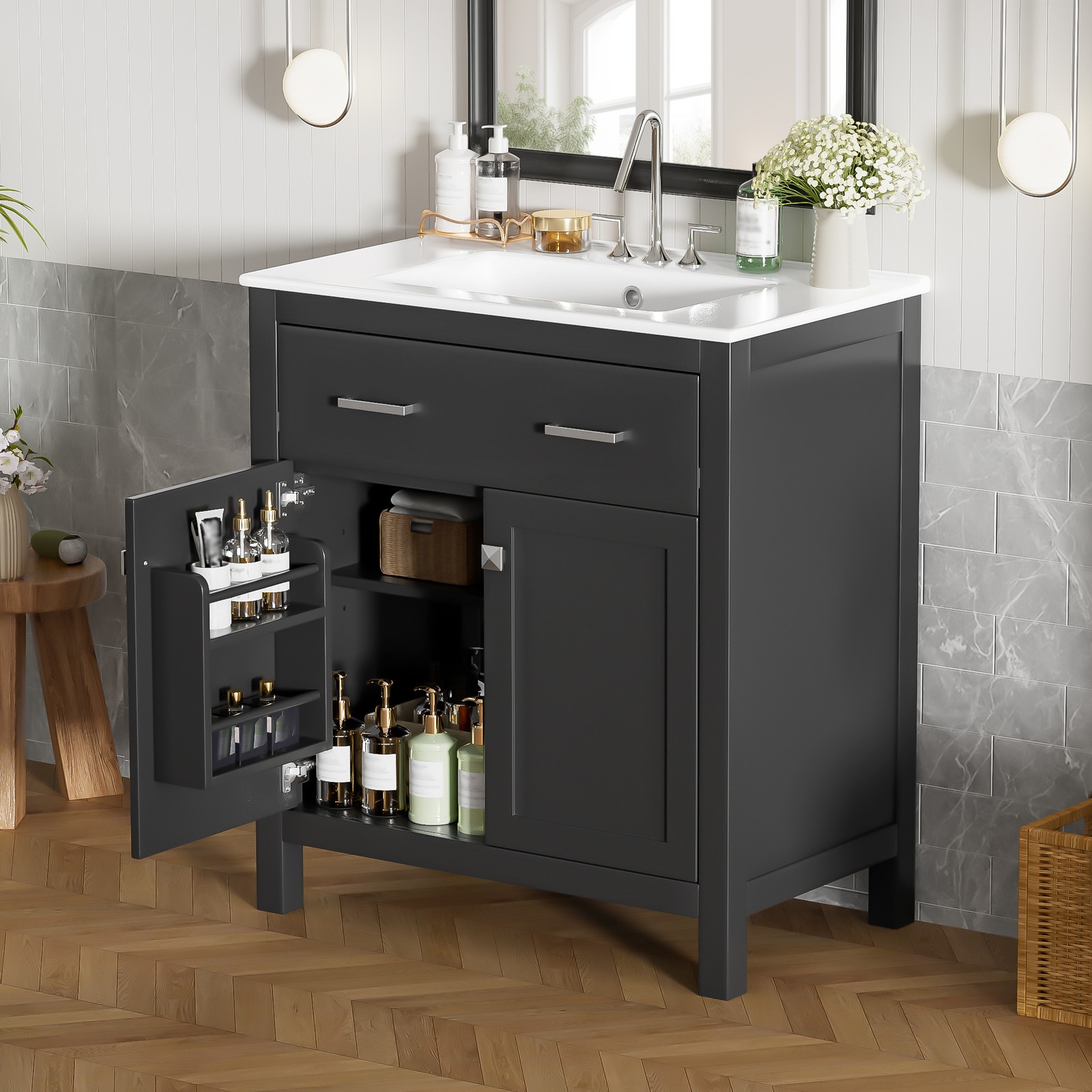 30″ Bathroom Vanity with Ceramic Sink, Modern Black Single Bathroom Cabinet