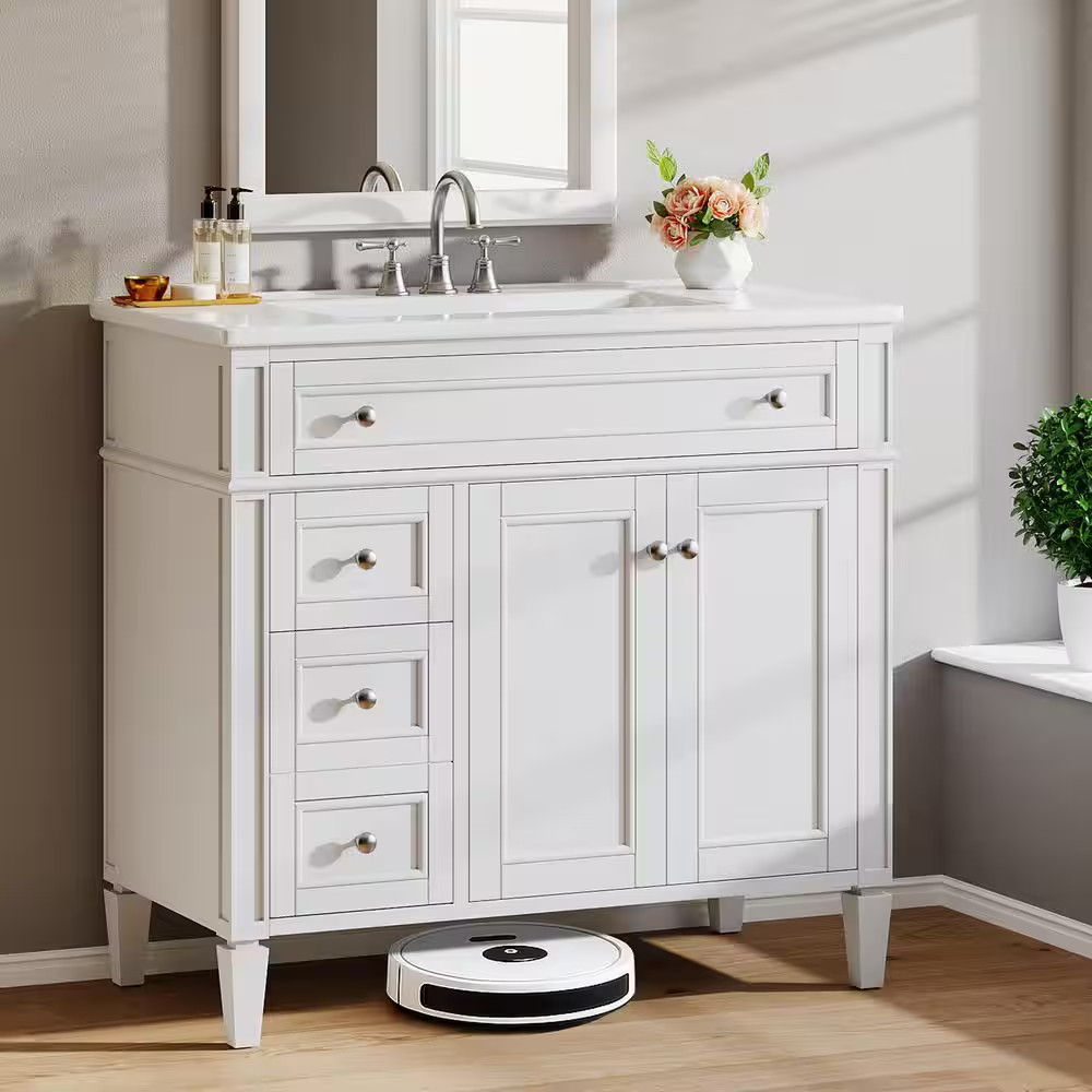 36 In. Single Sink Freestanding White Bath Vanity with White Ceramic Top Unassem