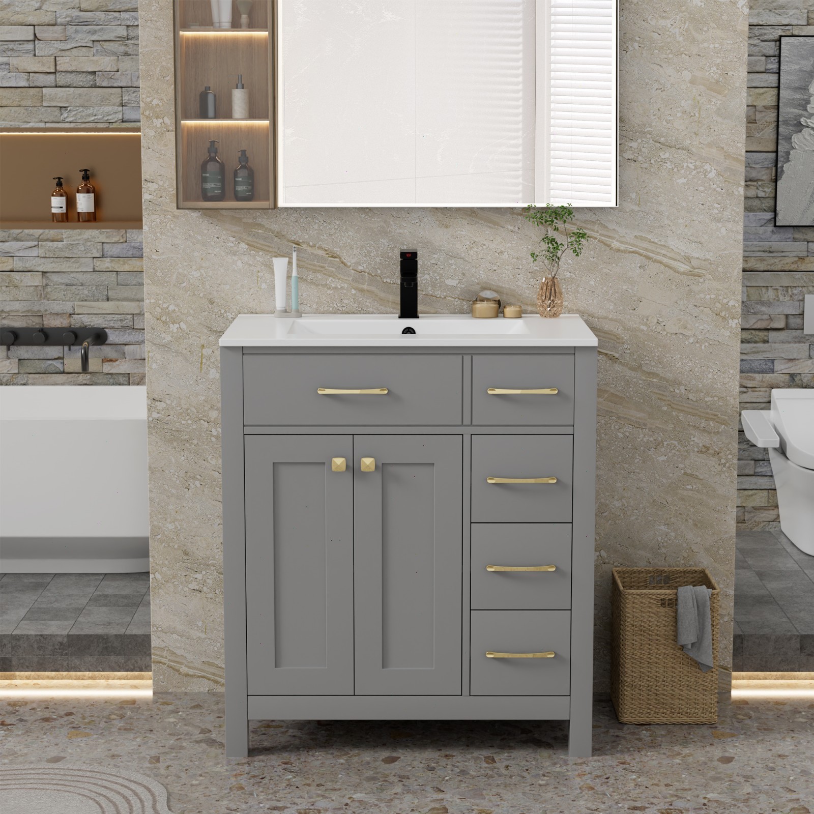 Eclife Bathroom Vanity Cabinet Set with Undermount Ceramic Vessel Sink Combo