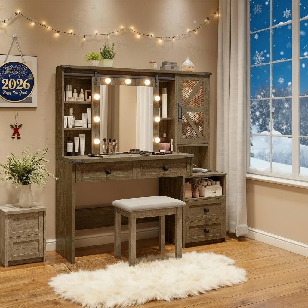 Farmhouse Vanity Desk Sliding Mirror Lights 4 Drawers RGB Cabinets Rustic Oak