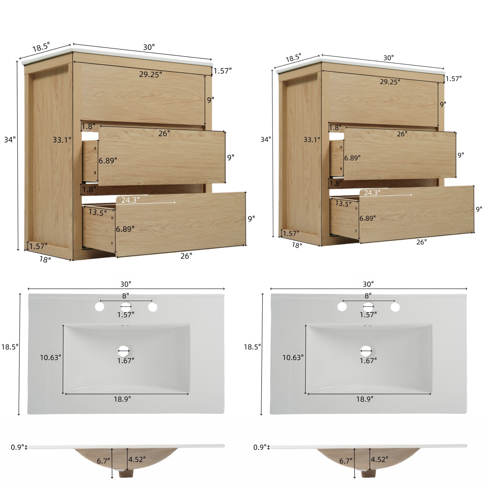 60″ Double Sink Bathroom Vanity Set,Bathroom Cabinet w/2 Separate Ceramic Sinks