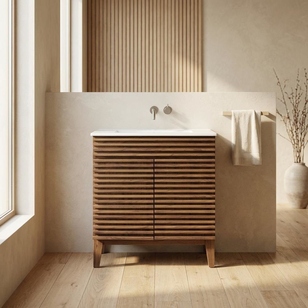 Walnut White 30-Inch Floor-Mount Bathroom Vanity Cabinet with Sink