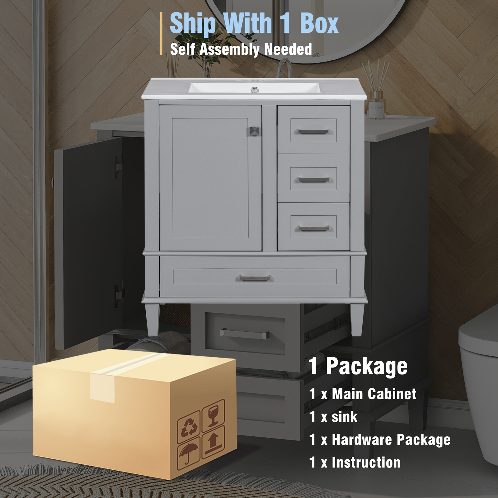 30″ Solid Wood Bathroom Vanity Cabinet with Resin Sink Top, 1 Door and 3 Drawers