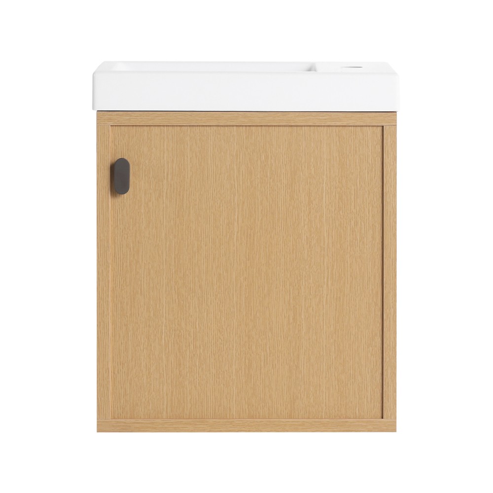18.5-inch wall-mounted bathroom vanity overhangs to save space