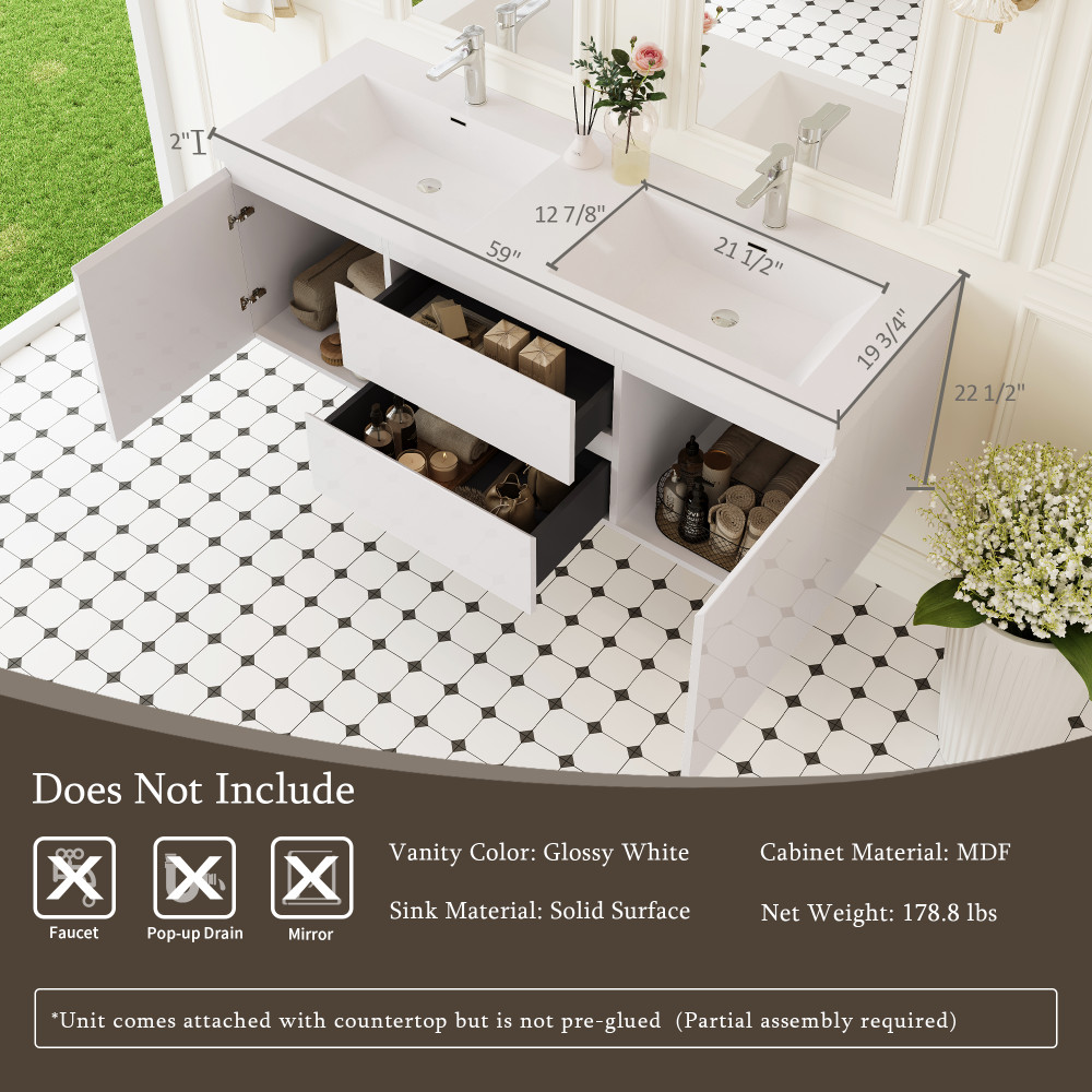 60″ Wall Mounted Bathroom Vanity w/Double Sink, Floating Vanity Cabinet,2 Drawer