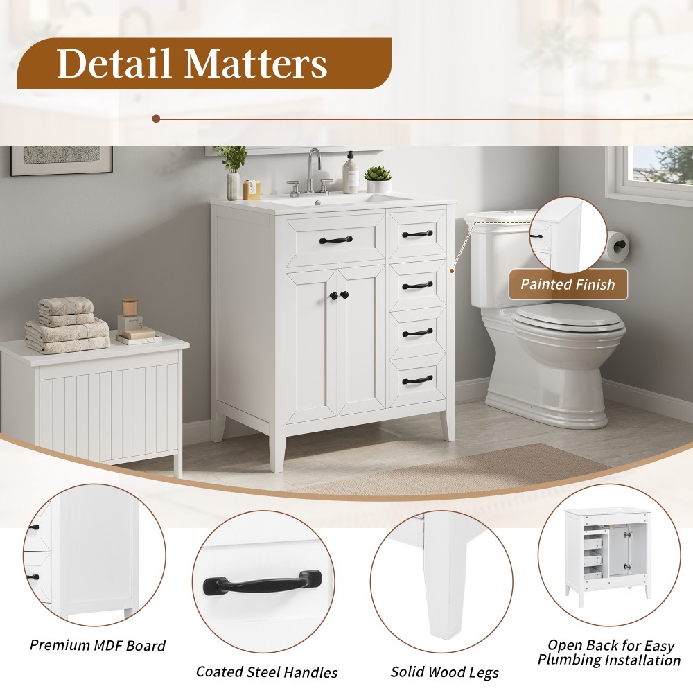 30″ White Bathroom Vanity with Ceramic Sink Freestanding Vanity with Black Metal