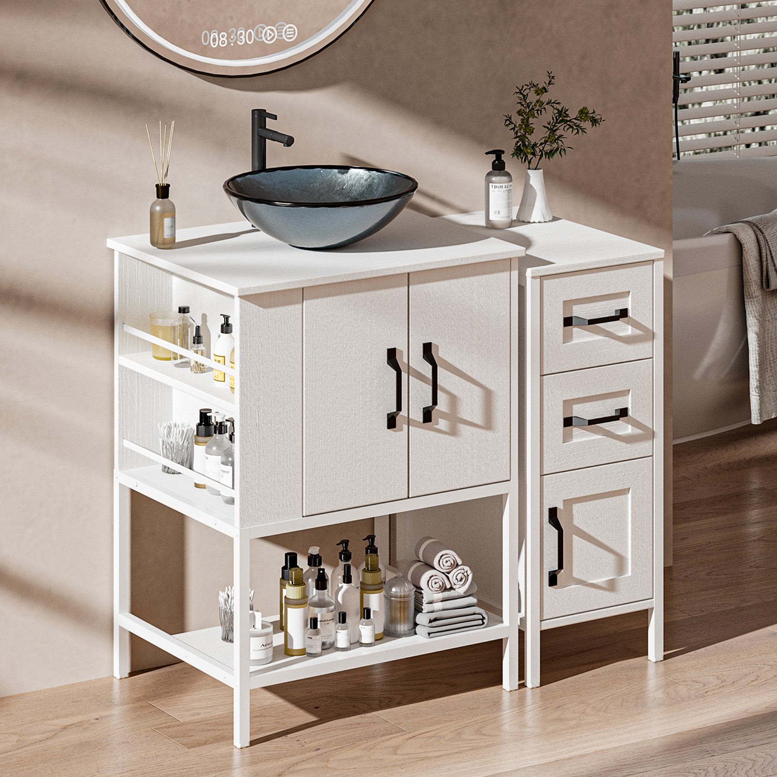 36″ Bathroom Vanity Cabinet Countertop Sink Organizer Vessel Sink White