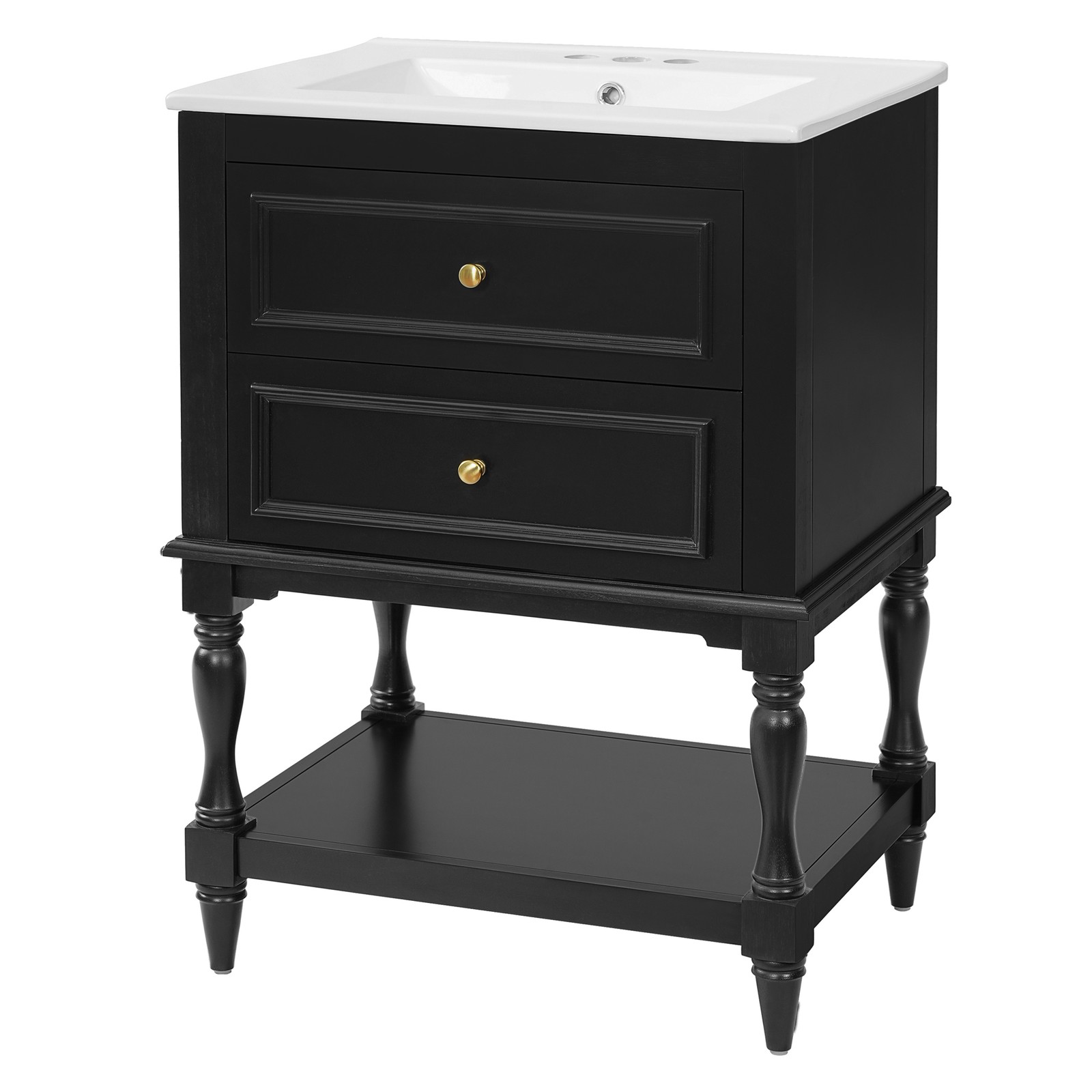 FUNIDEE 24″ Bathroom Vanity with Ceramic Sink Storage Cabinet w/ 2 Drawers Black