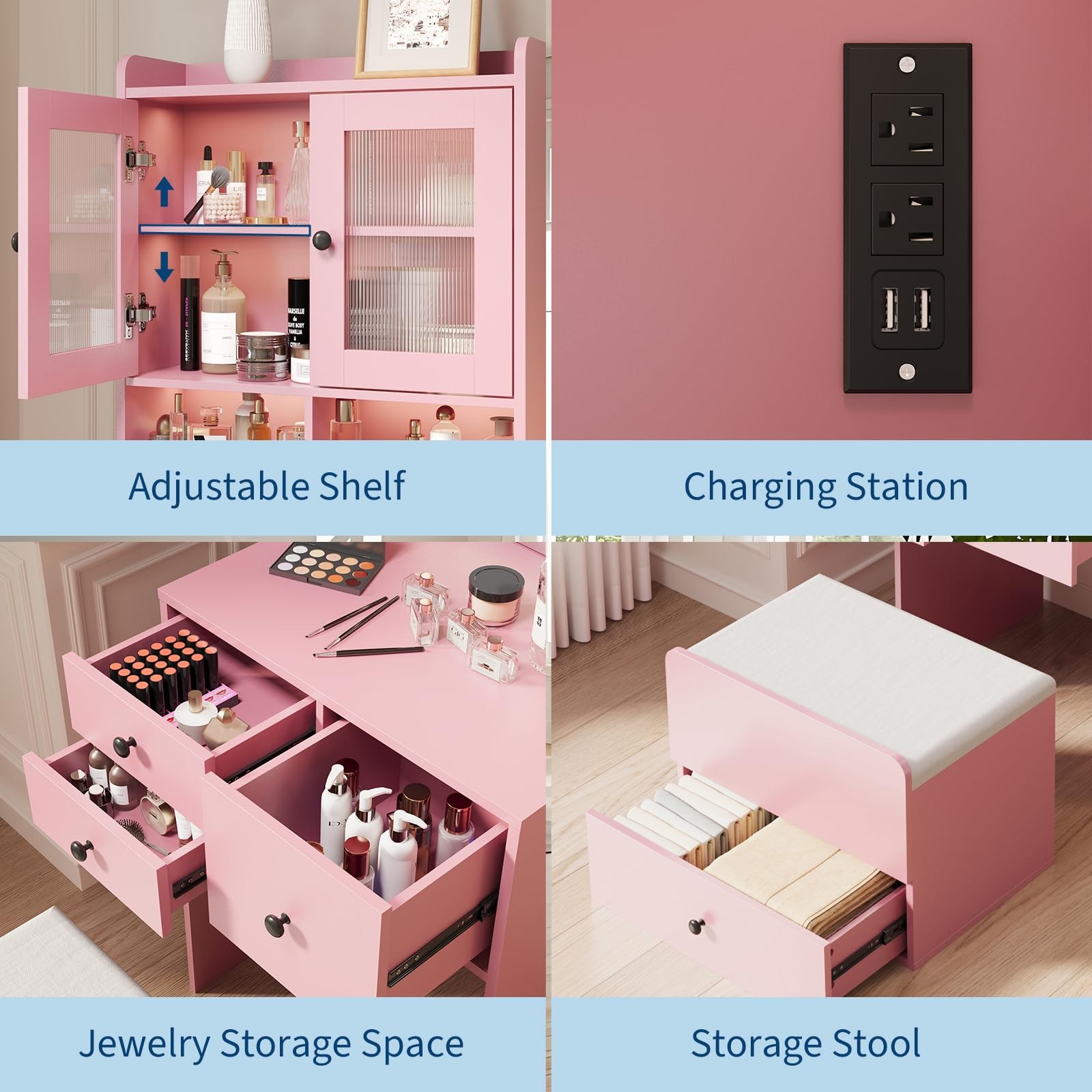 3-in-1 Vanity Desk 3-Color LED Mirror Charging Station Cabinet Drawers Stool