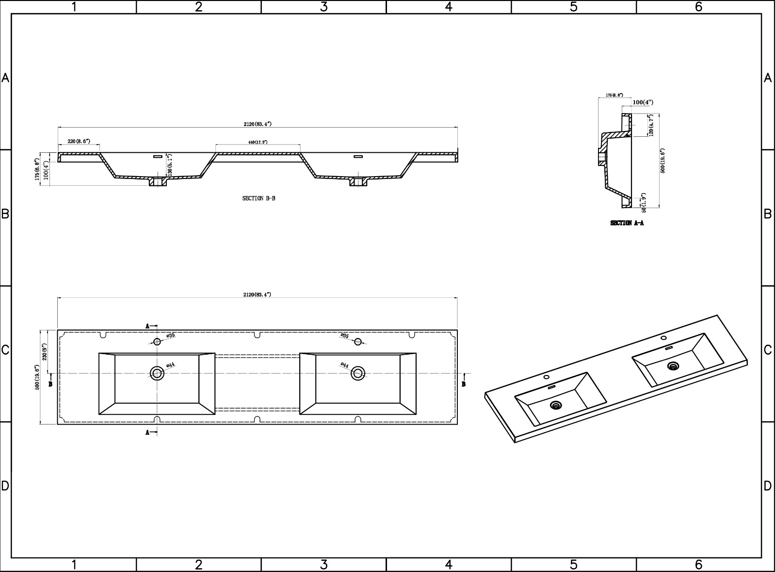 COUNTERTOP 84″ x 4″ Reinforced Acrylic Double Sink
