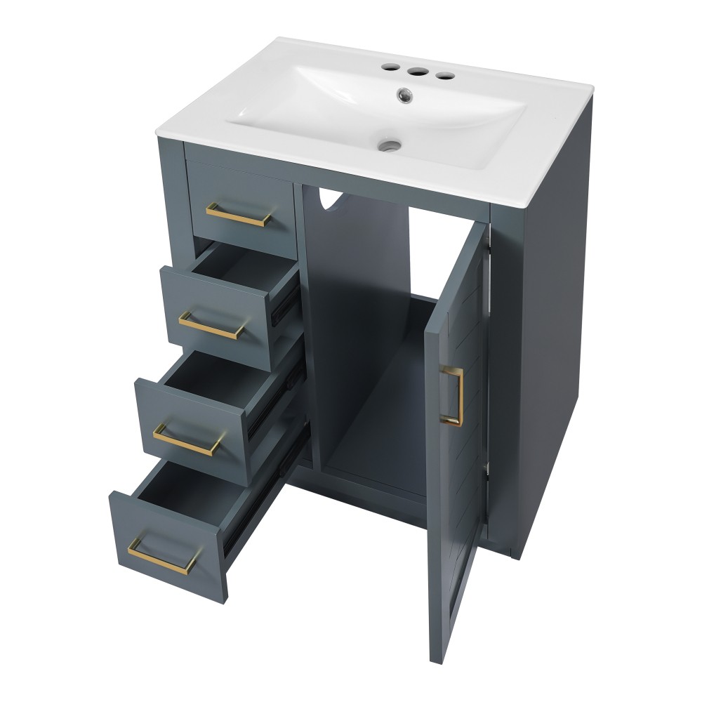 24 Inch Single Sink Bathroom Vanity Ceramic Top Drawers Storage Cabinet