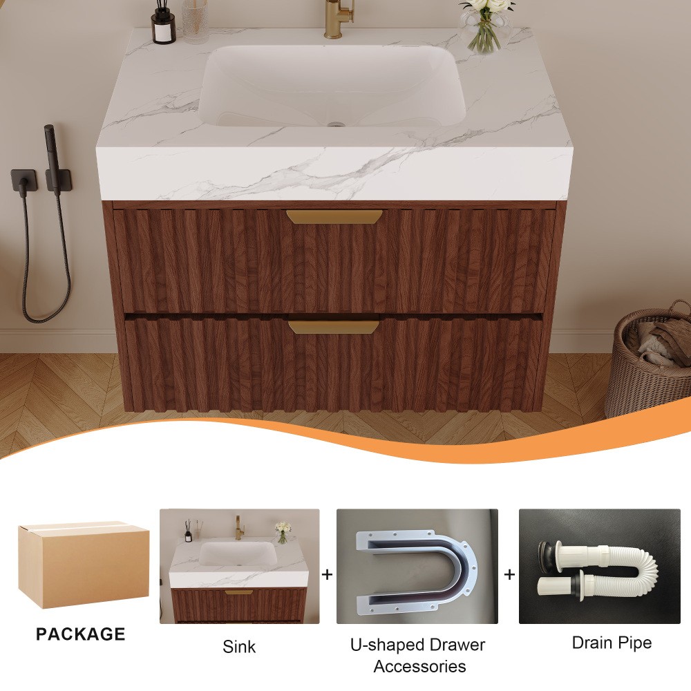 30″ Walnut Wall Mount Floating Bathroom Vanity Sintered Stone Top Ceramic Sink