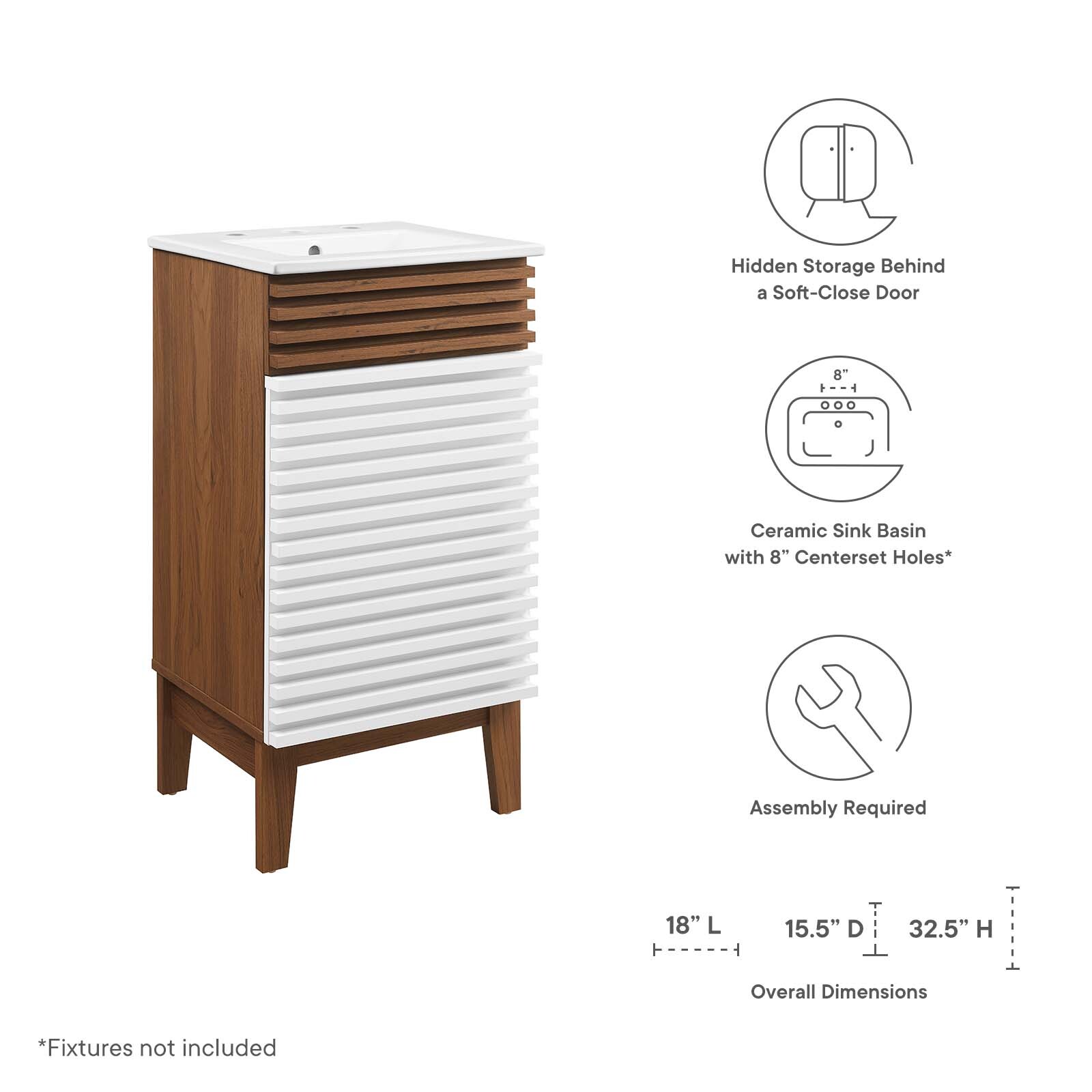 Modway Render 18″ Bathroom Vanity With Sink in White Walnut White