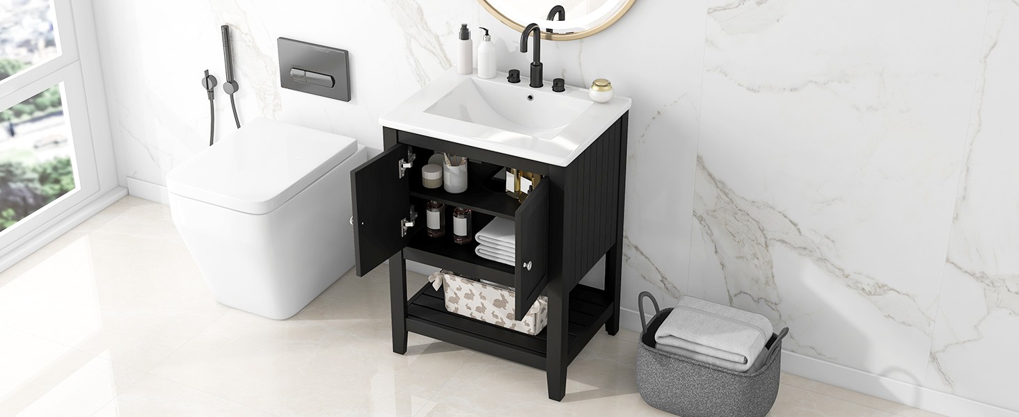24″ Black Modern Bathroom Vanity with Ceramic Sink & Wood Frame